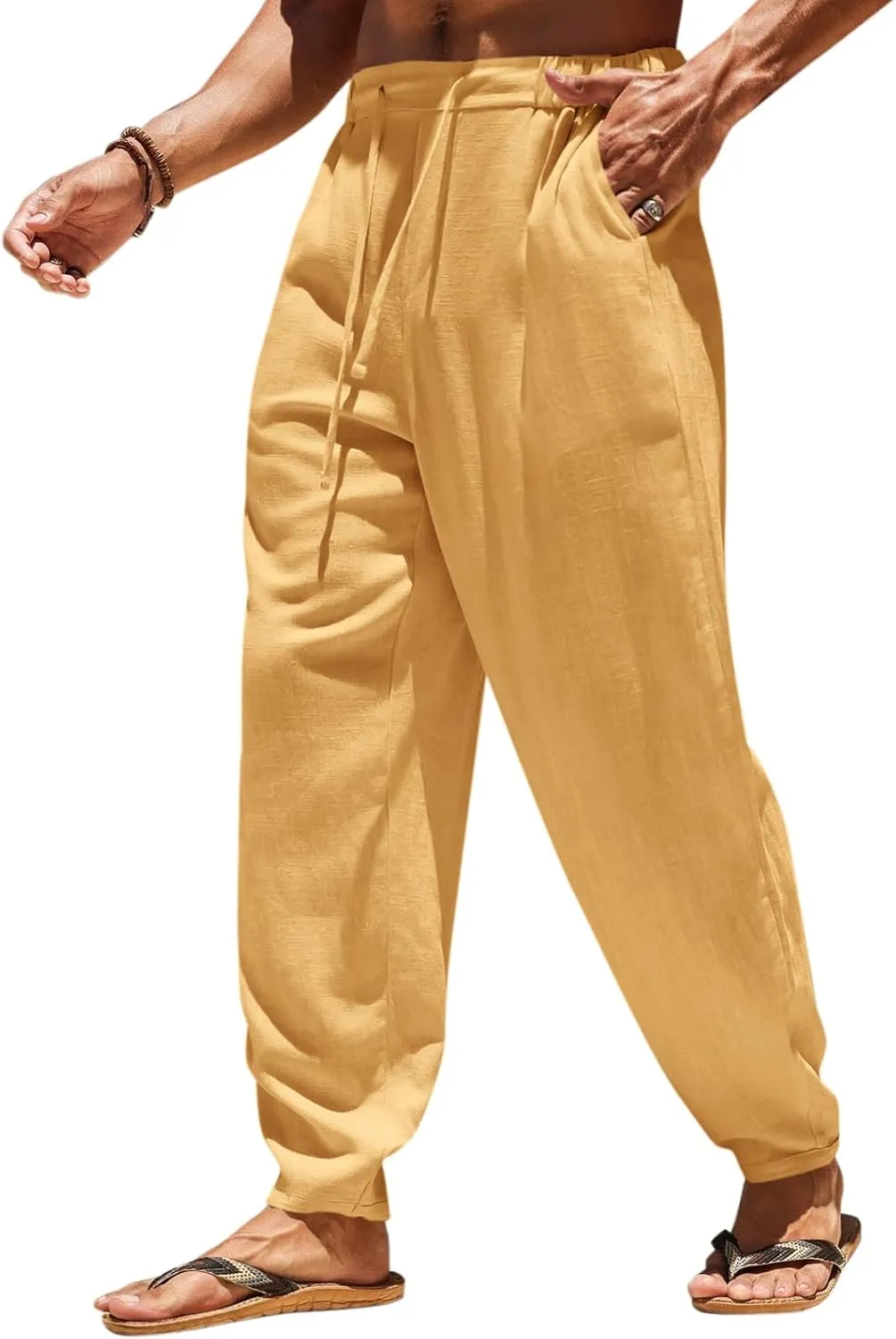 Runcati Mens Casual Pants Elastic Waist Linen Drawstring Lightweight Loose Fit Summer Beach Yoga Trousers