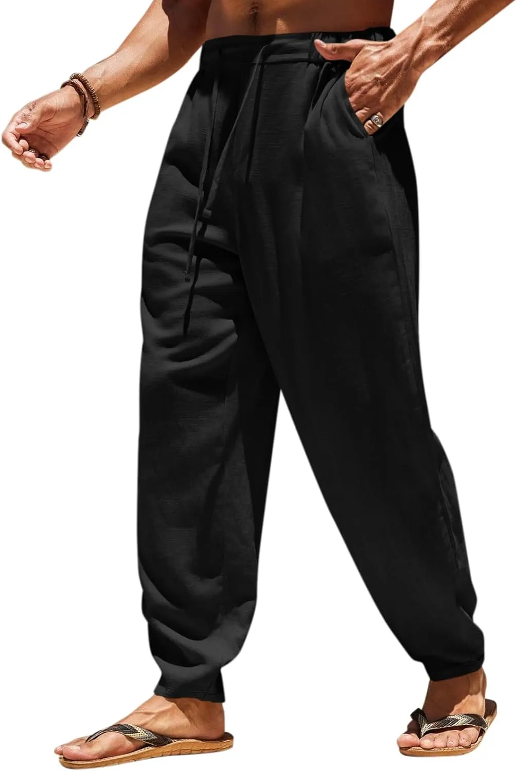 Runcati Mens Casual Pants Elastic Waist Linen Drawstring Lightweight Loose Fit Summer Beach Yoga Trousers