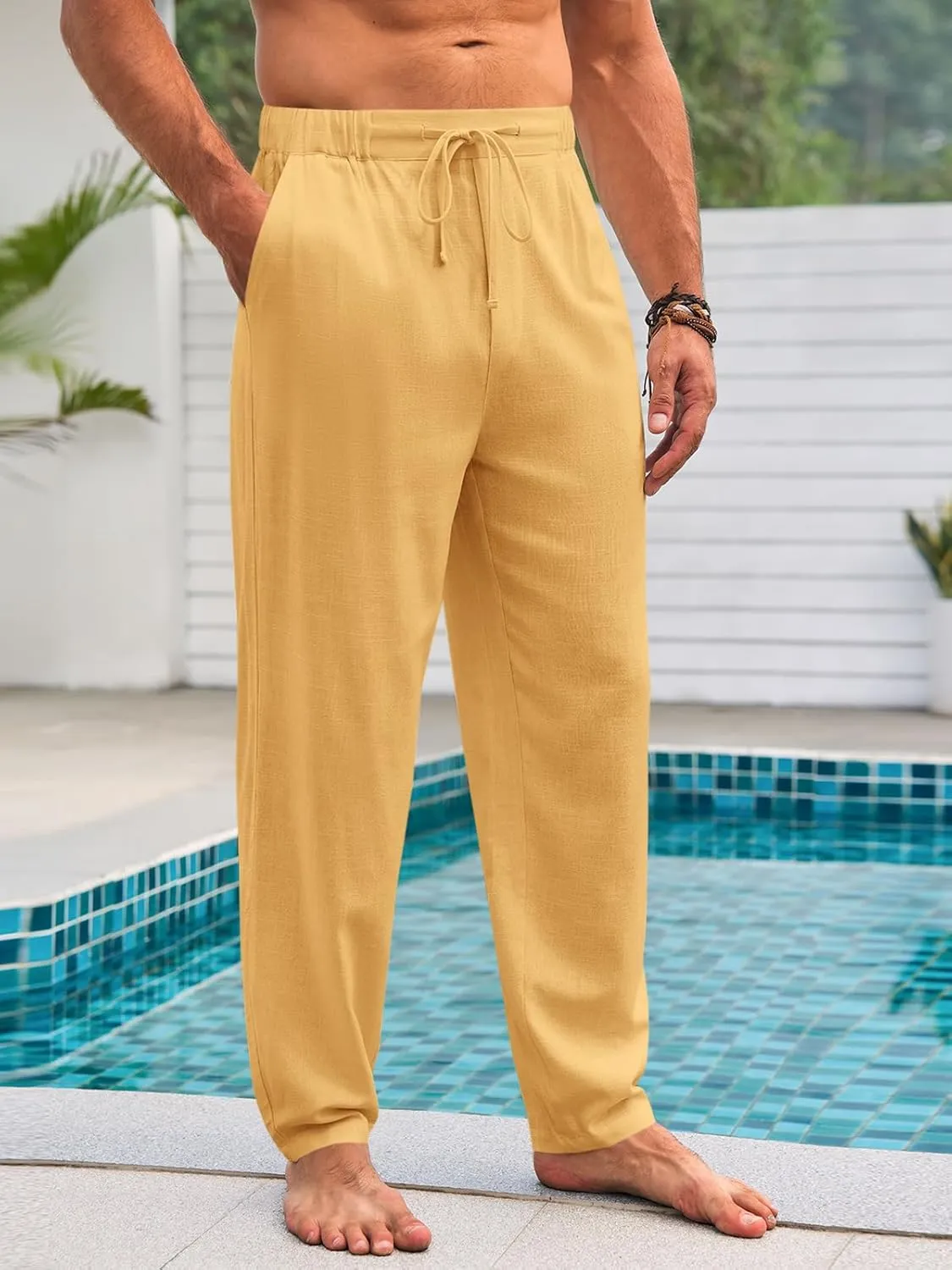 Runcati Mens Casual Pants Elastic Waist Linen Drawstring Lightweight Loose Fit Summer Beach Yoga Trousers