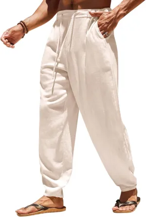 Runcati Mens Casual Pants Elastic Waist Linen Drawstring Lightweight Loose Fit Summer Beach Yoga Trousers