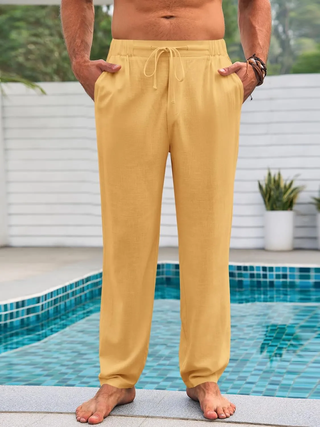 Runcati Mens Casual Pants Elastic Waist Linen Drawstring Lightweight Loose Fit Summer Beach Yoga Trousers