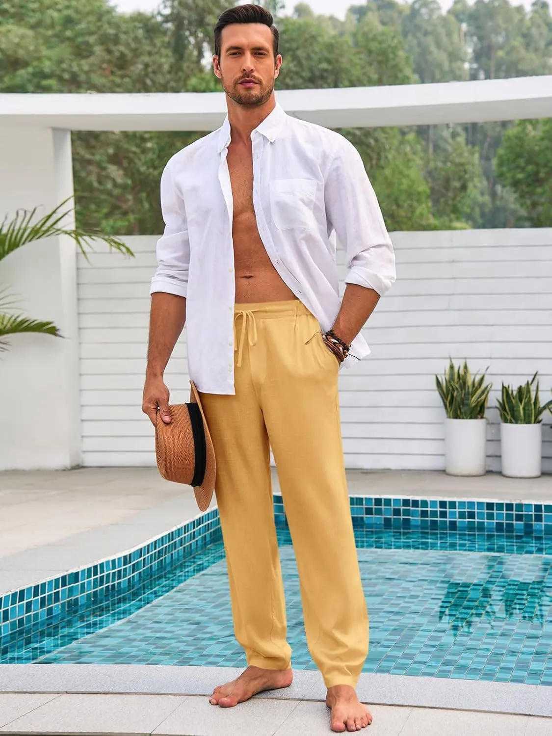 Runcati Mens Casual Pants Elastic Waist Linen Drawstring Lightweight Loose Fit Summer Beach Yoga Trousers