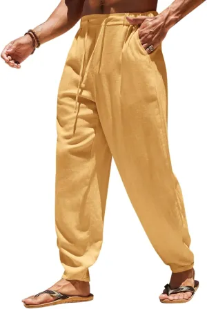 Runcati Mens Casual Pants Elastic Waist Linen Drawstring Lightweight Loose Fit Summer Beach Yoga Trousers