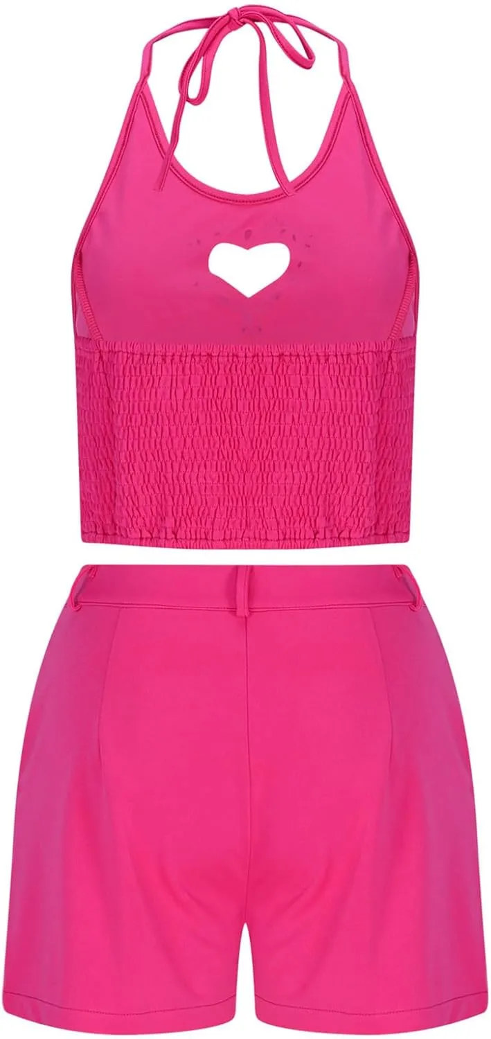 Ruziyoog Women 2 Piece Outfits Sleeveless Crop Tank Top and High Waist Shorts Set Summer Casual Matching Set with Pockets