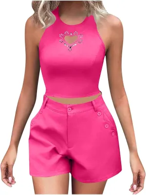 Ruziyoog Women 2 Piece Outfits Sleeveless Crop Tank Top and High Waist Shorts Set Summer Casual Matching Set with Pockets