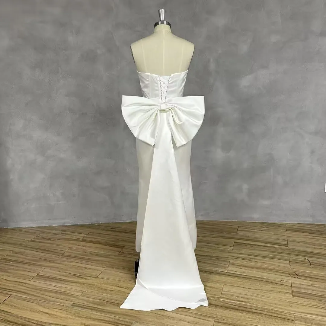 Satin Mermaid Prom Dress with Bow 2025 Cocktail Party Dress with Slit Formal Dresses with Slit