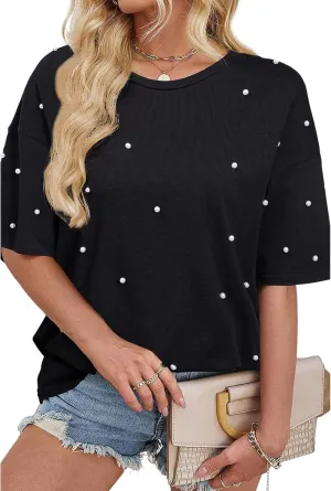 SELINK Women's Oversized T Shirts Short Sleeve Pearl Crewneck Casual Loose Basic Tee Summer Tops