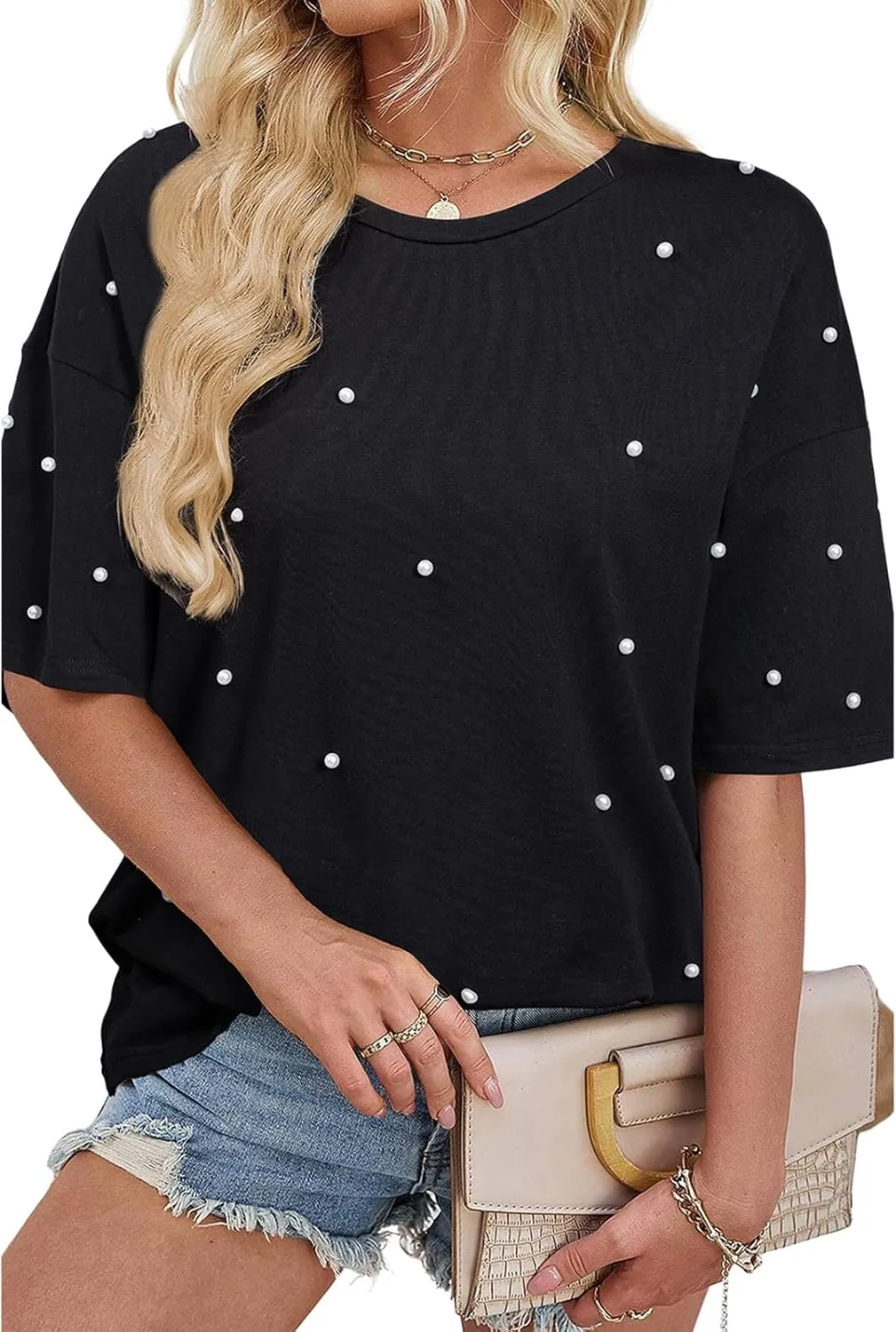 SELINK Women's Oversized T Shirts Short Sleeve Pearl Crewneck Casual Loose Basic Tee Summer Tops