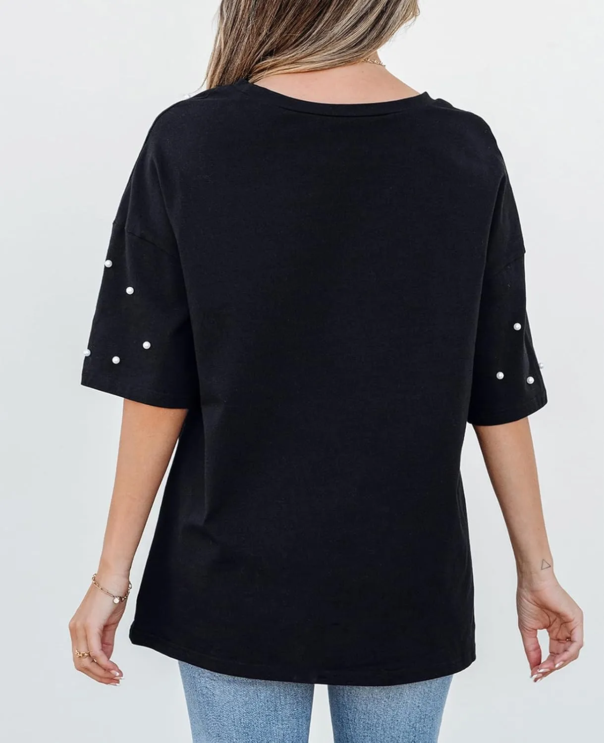 SELINK Women's Oversized T Shirts Short Sleeve Pearl Crewneck Casual Loose Basic Tee Summer Tops
