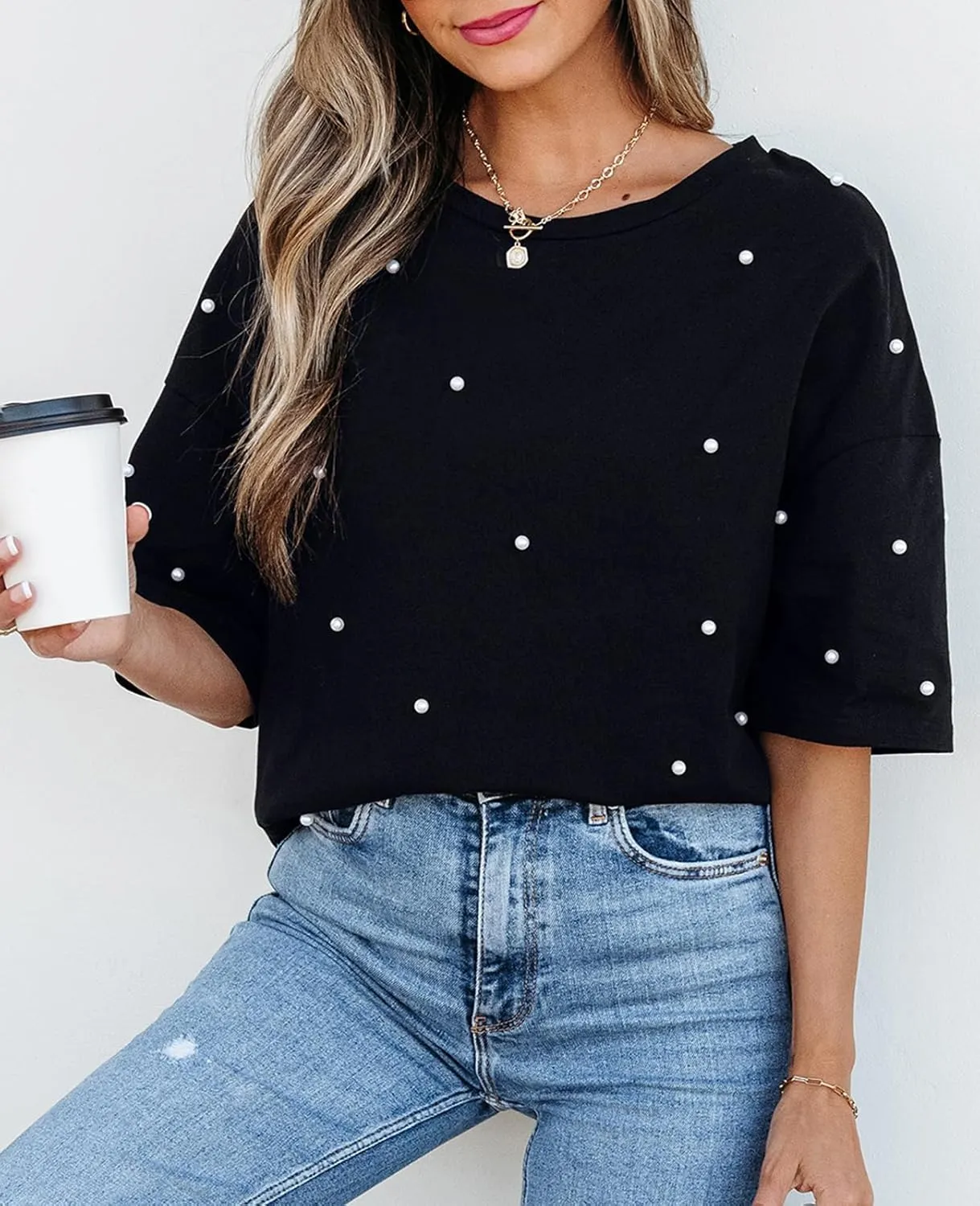 SELINK Women's Oversized T Shirts Short Sleeve Pearl Crewneck Casual Loose Basic Tee Summer Tops