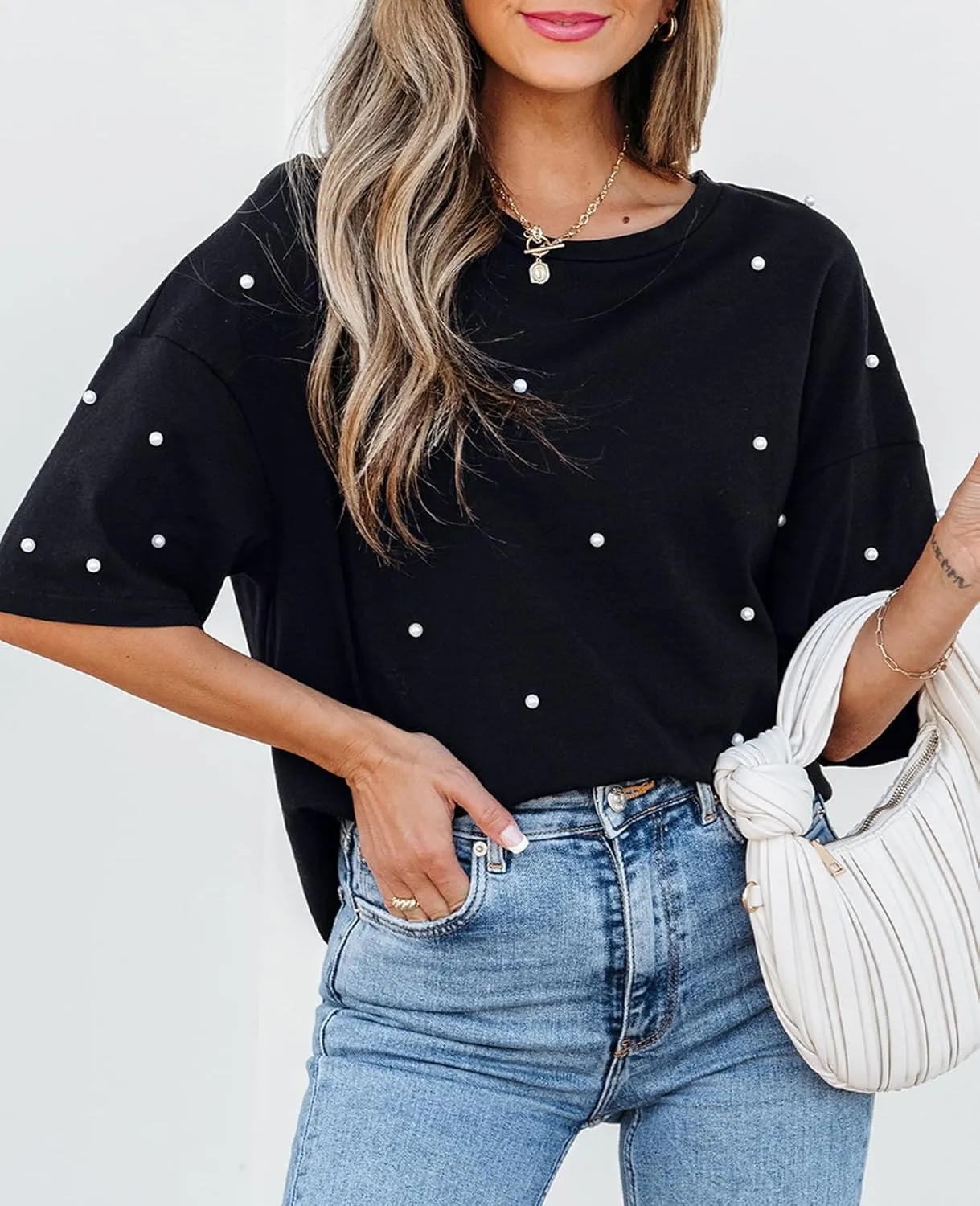 SELINK Women's Oversized T Shirts Short Sleeve Pearl Crewneck Casual Loose Basic Tee Summer Tops