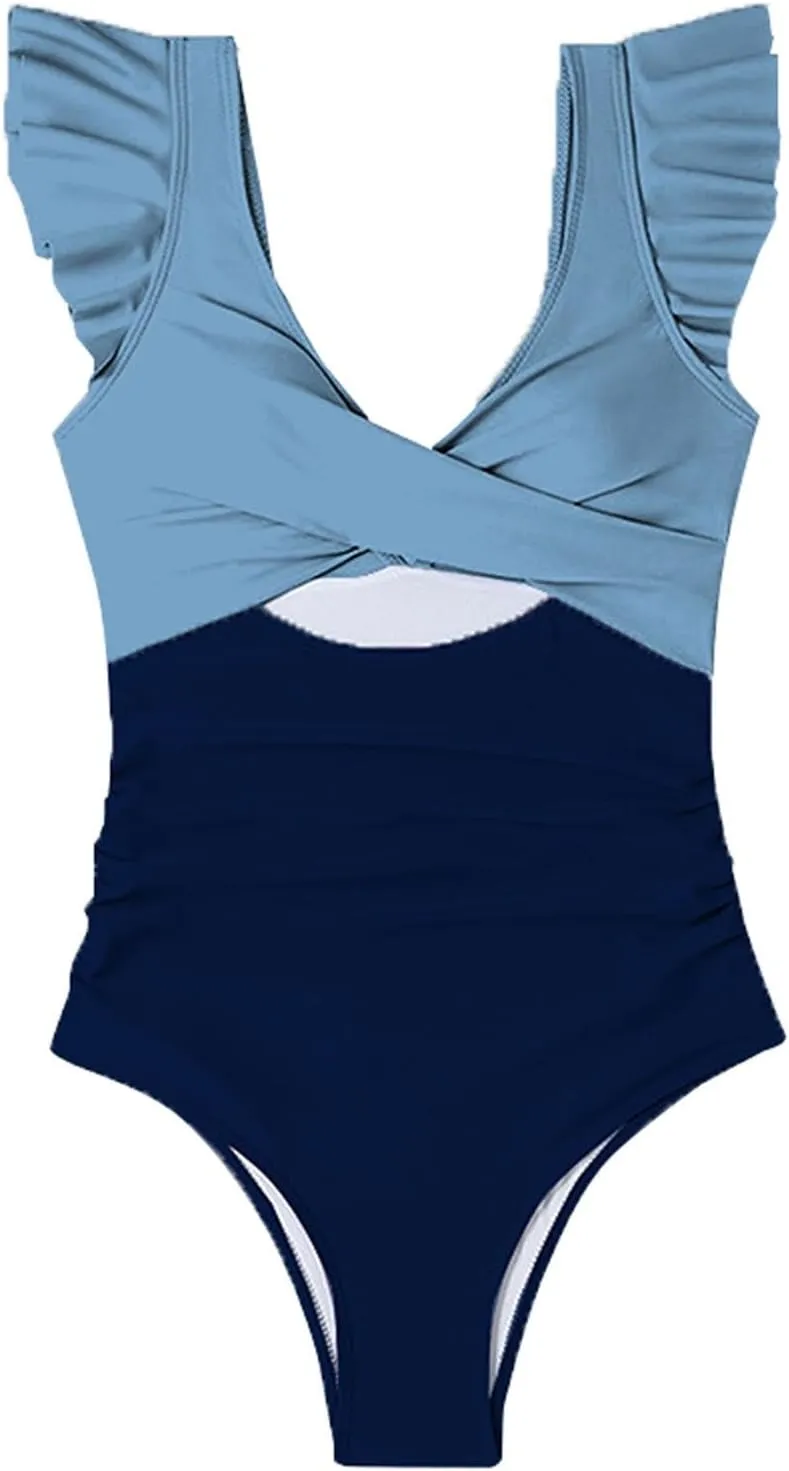 SHAOBGE Women's Ruffled One Piece Swimsuits V Neck Tummy Control Cutout High Waisted Bathing Suit