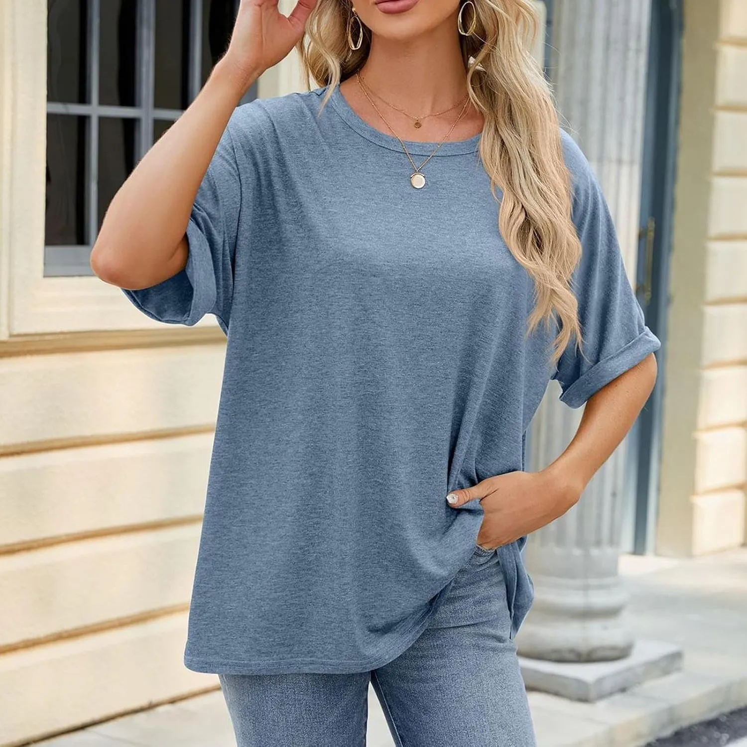 Short Sleeve Oversized Tshirts for Women 2024 Summer Casual Crewneck Plain Tops Basic Tees Essential Clothing
