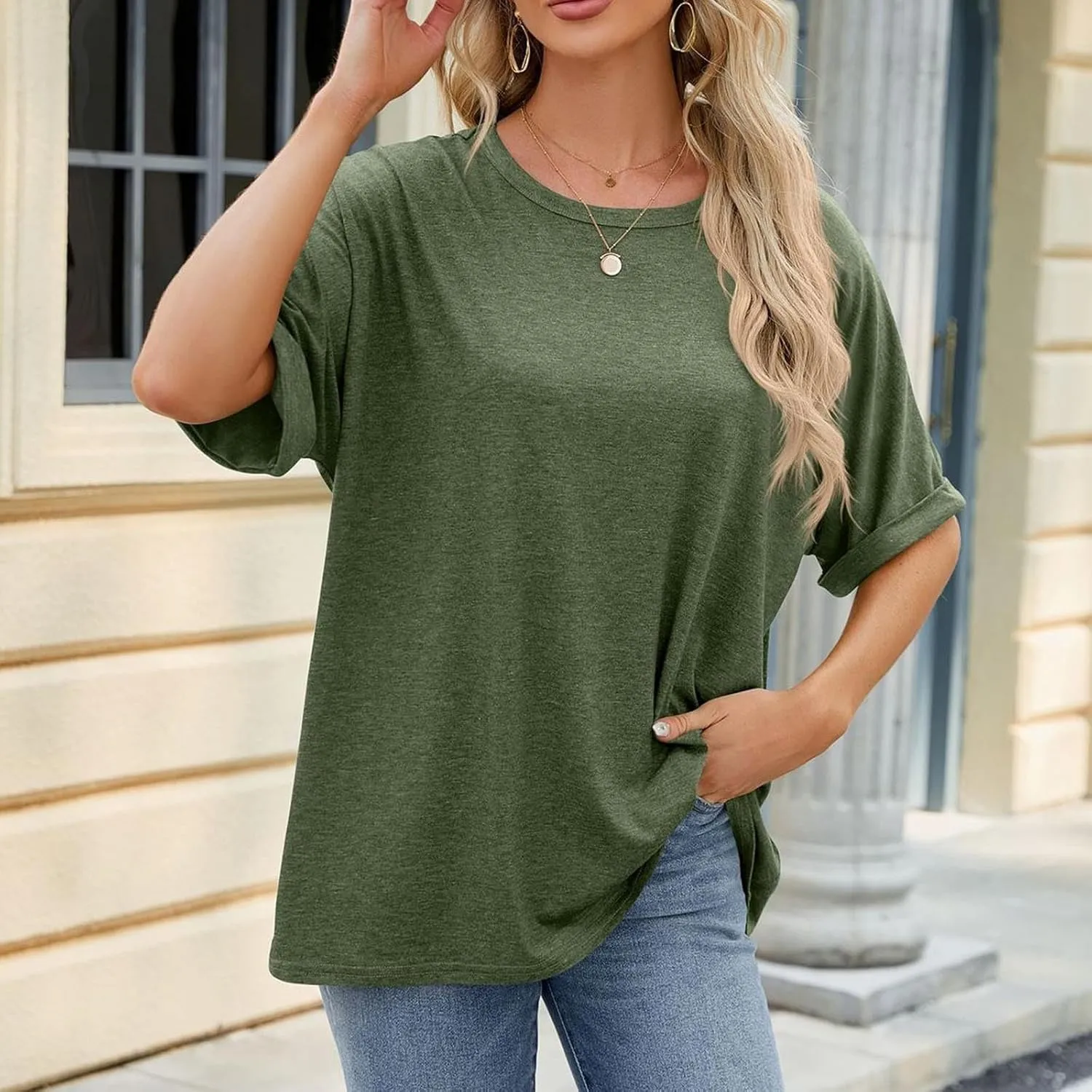Short Sleeve Oversized Tshirts for Women 2024 Summer Casual Crewneck Plain Tops Basic Tees Essential Clothing