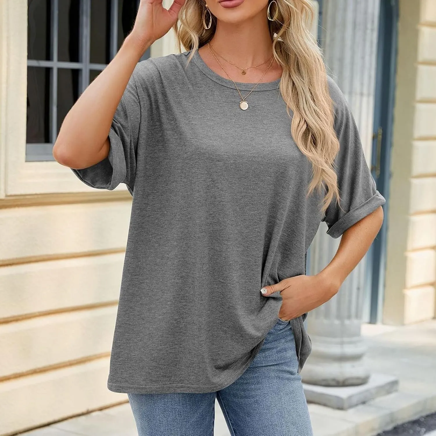 Short Sleeve Oversized Tshirts for Women 2024 Summer Casual Crewneck Plain Tops Basic Tees Essential Clothing