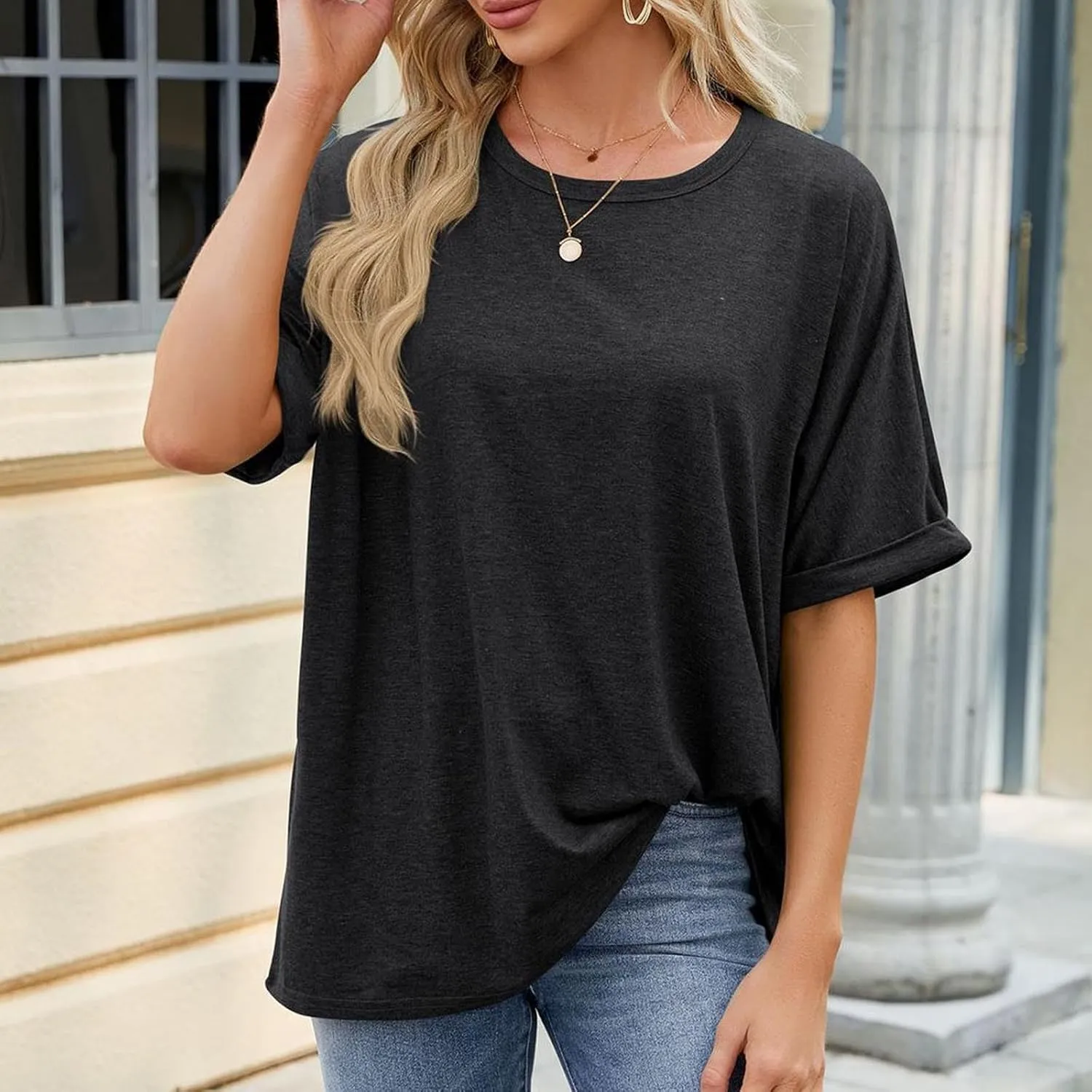 Short Sleeve Oversized Tshirts for Women 2024 Summer Casual Crewneck Plain Tops Basic Tees Essential Clothing