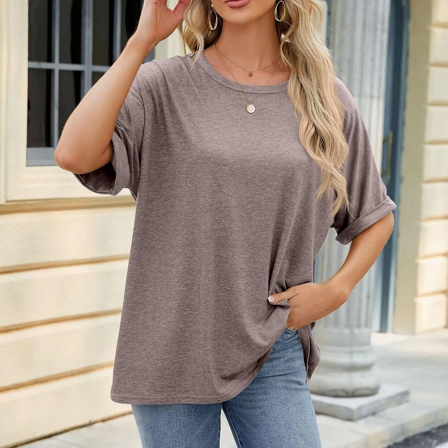 Short Sleeve Oversized Tshirts for Women 2024 Summer Casual Crewneck Plain Tops Basic Tees Essential Clothing