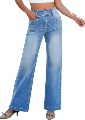 Sidefeel Women's Wide Leg Jeans High Waisted Tummy Control Stretchy Pockets Front Zimbaplatinum Jeans