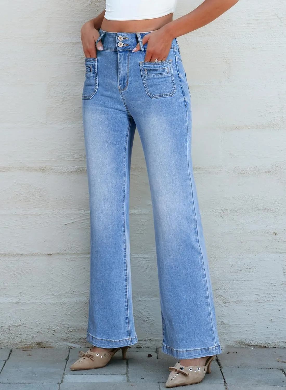Sidefeel Women's Wide Leg Jeans High Waisted Tummy Control Stretchy Pockets Front Zimbaplatinum Jeans