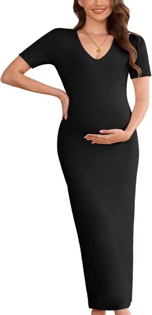 Stretchy Ribbed Maternity Maxi Dress - V-Neck Short Sleeve Pregnancy Bodycon Dress for Photoshoot, Baby Shower