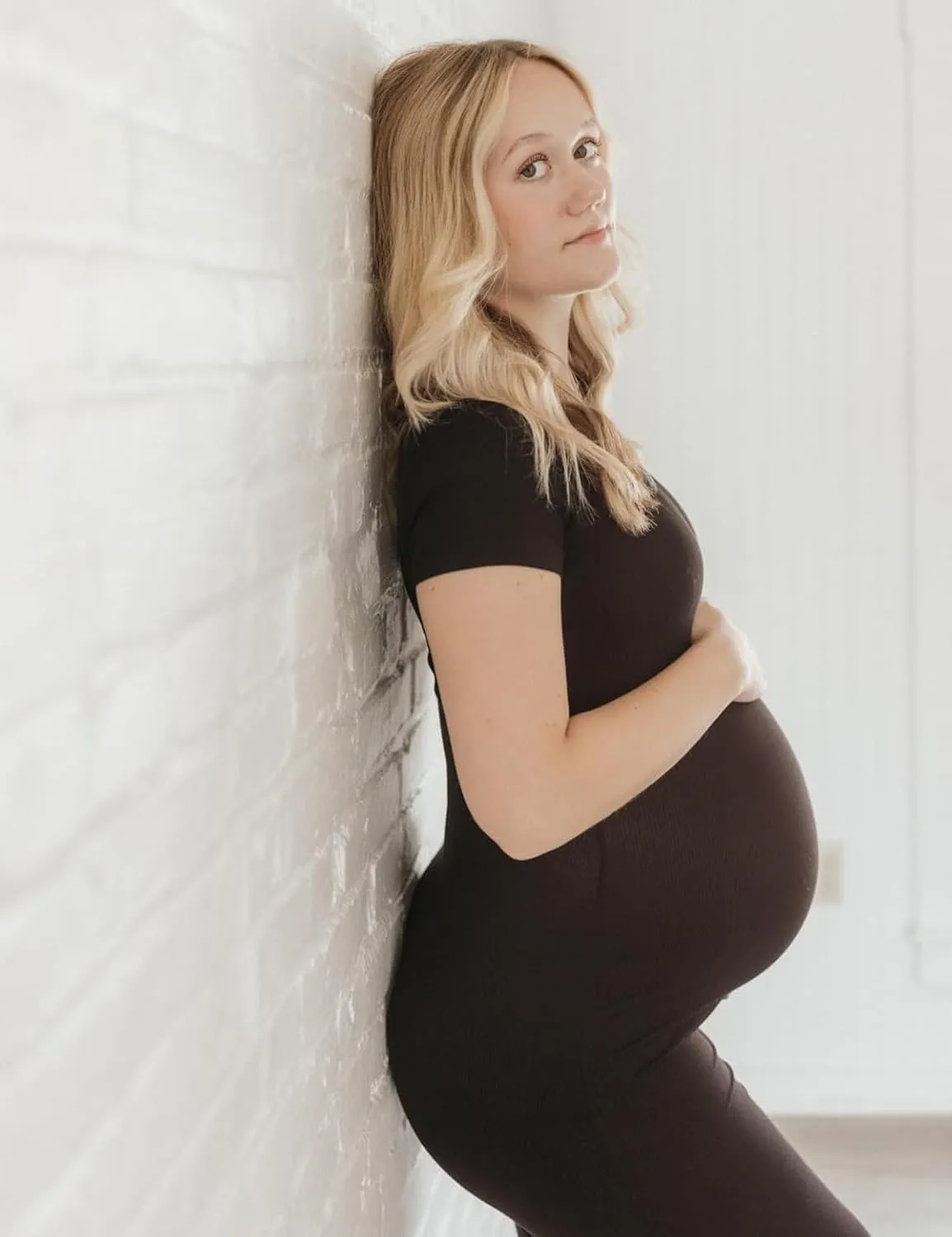 Stretchy Ribbed Maternity Maxi Dress - V-Neck Short Sleeve Pregnancy Bodycon Dress for Photoshoot, Baby Shower
