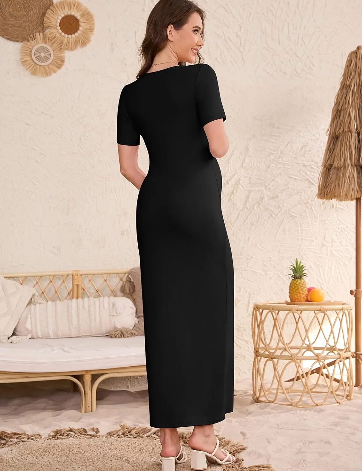 Stretchy Ribbed Maternity Maxi Dress - V-Neck Short Sleeve Pregnancy Bodycon Dress for Photoshoot, Baby Shower