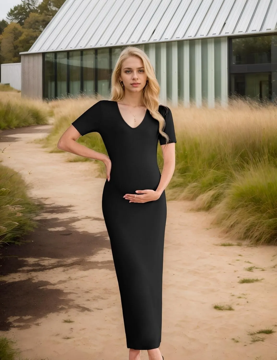 Stretchy Ribbed Maternity Maxi Dress - V-Neck Short Sleeve Pregnancy Bodycon Dress for Photoshoot, Baby Shower