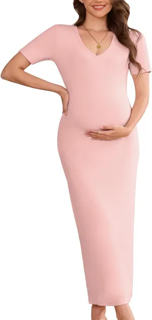 Stretchy Ribbed Maternity Maxi Dress - V-Neck Short Sleeve Pregnancy Bodycon Dress for Photoshoot, Baby Shower