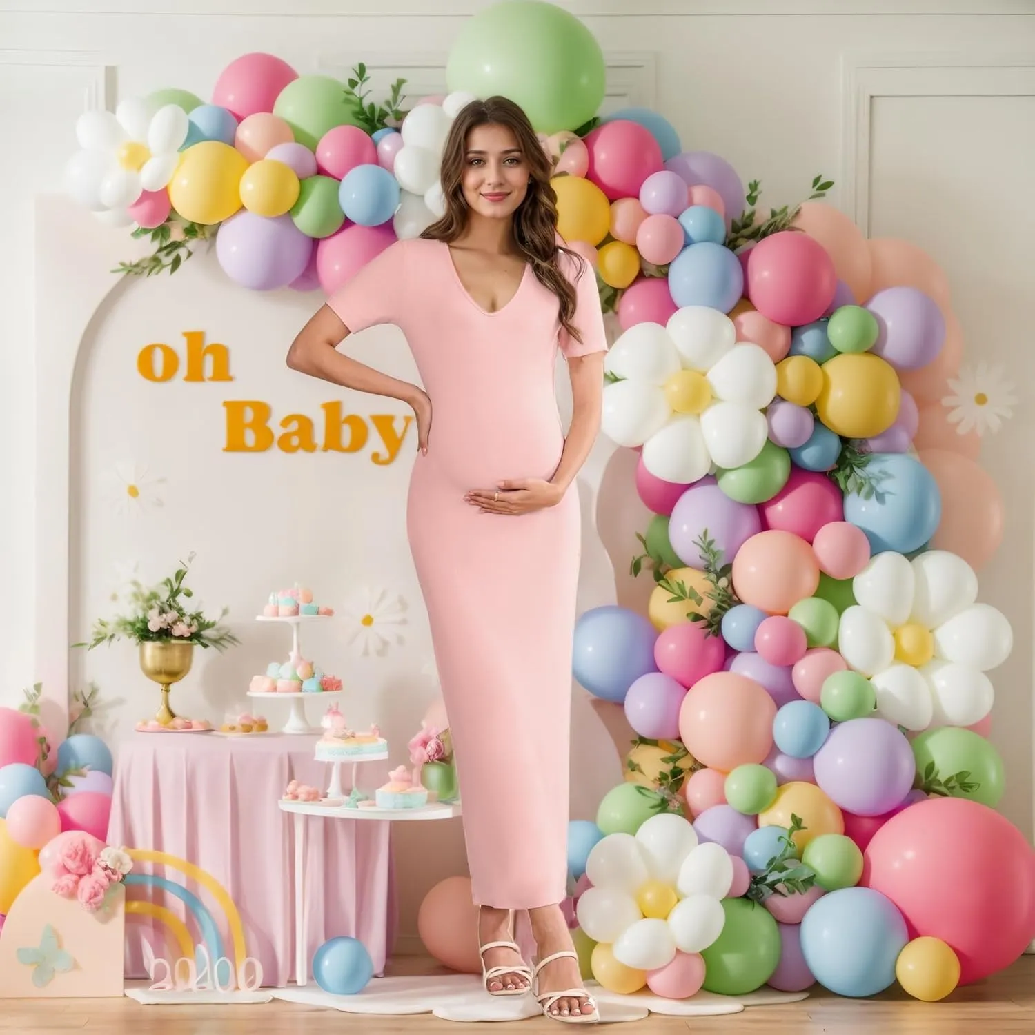 Stretchy Ribbed Maternity Maxi Dress - V-Neck Short Sleeve Pregnancy Bodycon Dress for Photoshoot, Baby Shower