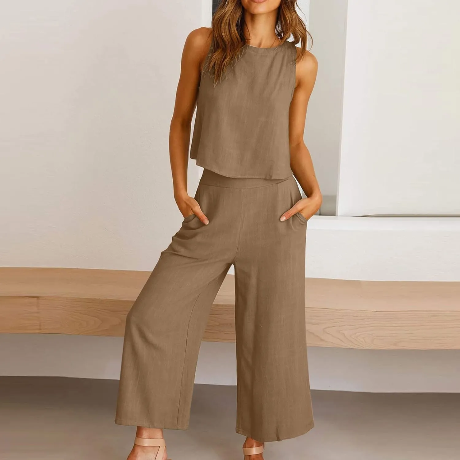 Summer Vacation 2 Piece Outfits For Women 2024 Sleeveless Crop Top Capri Wide Leg Pants Matching Lounge Set Linen Sets