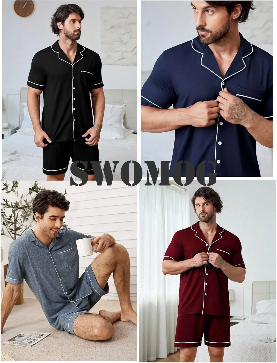SWOMOG Mens Pajama Set Short Sleeve 2 PCS Sleepwear Button Down Soft Loungewear Modal Set Pj Set with Pockets S-3XL