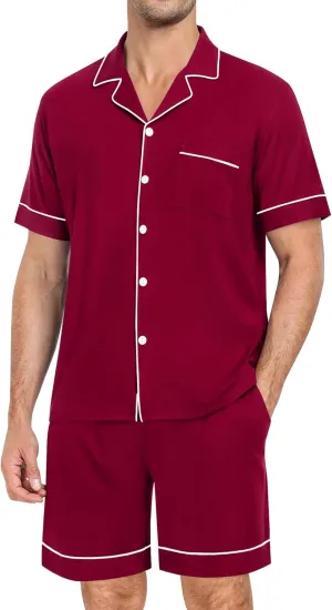 SWOMOG Mens Pajama Set Short Sleeve 2 PCS Sleepwear Button Down Soft Loungewear Modal Set Pj Set with Pockets S-3XL