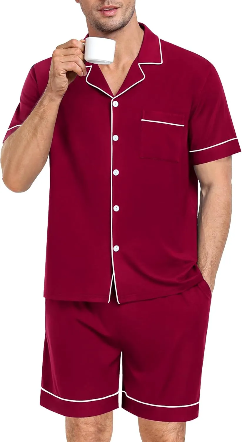 SWOMOG Mens Pajama Set Short Sleeve 2 PCS Sleepwear Button Down Soft Loungewear Modal Set Pj Set with Pockets S-3XL