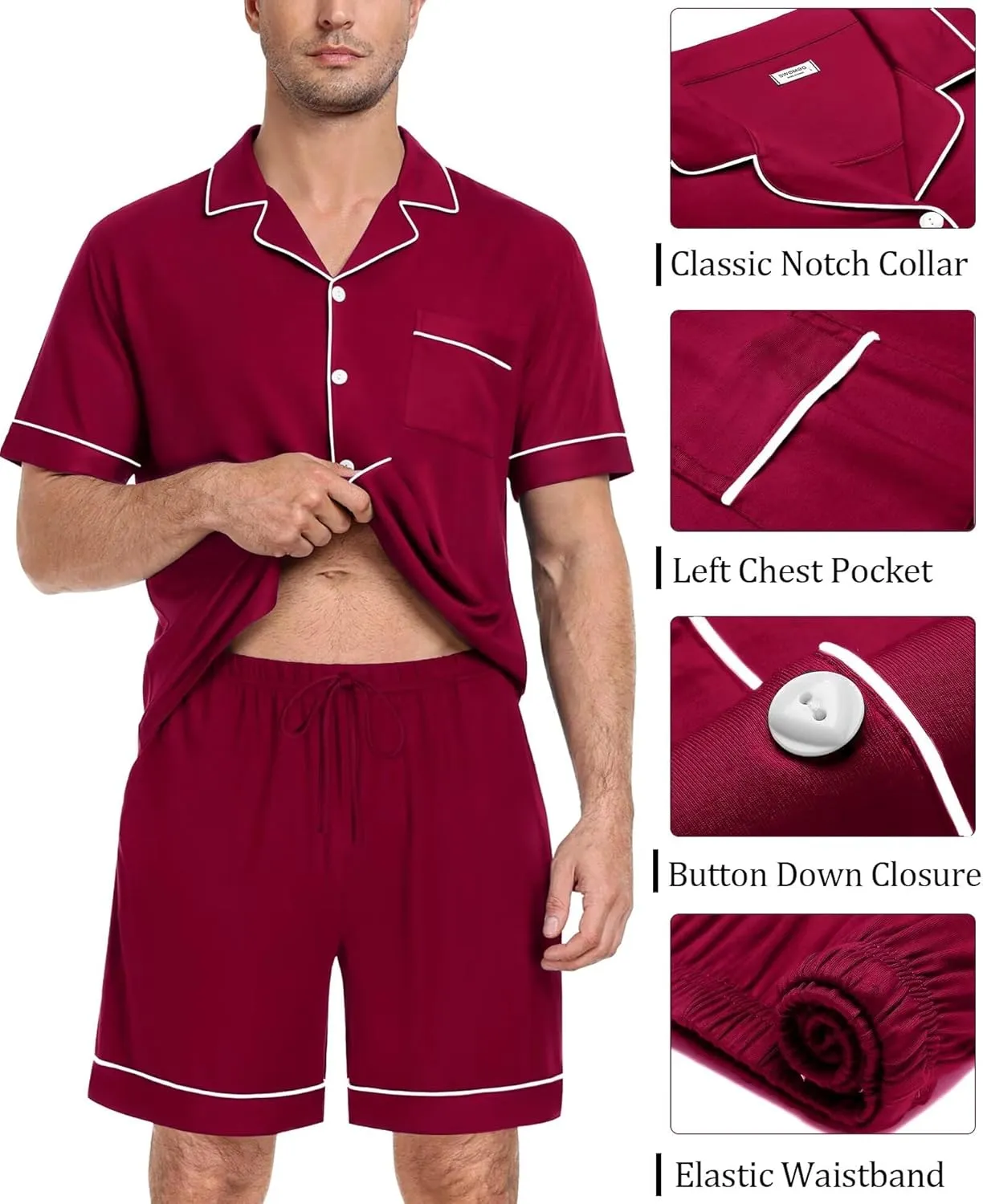 SWOMOG Mens Pajama Set Short Sleeve 2 PCS Sleepwear Button Down Soft Loungewear Modal Set Pj Set with Pockets S-3XL