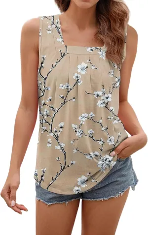 Tank Tops for Women 2025 Summer Pleated Tunic Loose Fit Sleeveless Shirts Dressy Casual V Neck Button Down Blouses