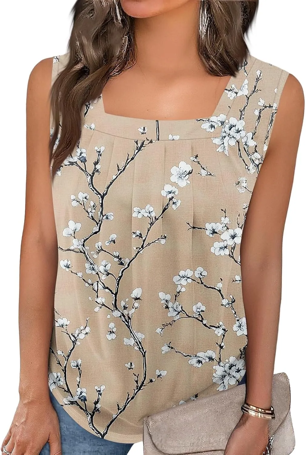 Tank Tops for Women 2025 Summer Pleated Tunic Loose Fit Sleeveless Shirts Dressy Casual V Neck Button Down Blouses