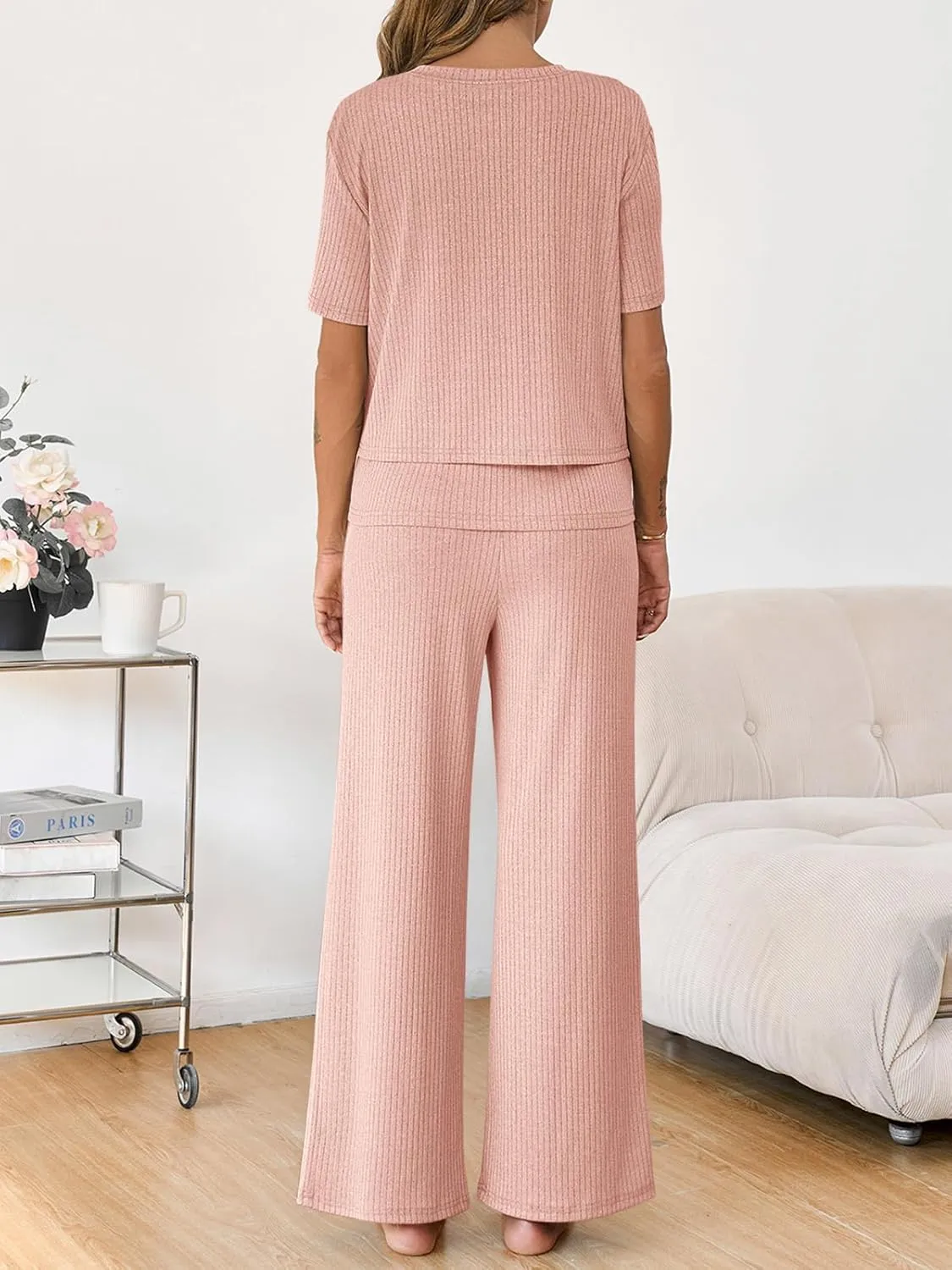 Tankaneo Womens Postpartum Maternity Pajamas 2 Piece Sets Rib Short Sleeve Nursing Tops and Elastic Waist Pants Loungewear