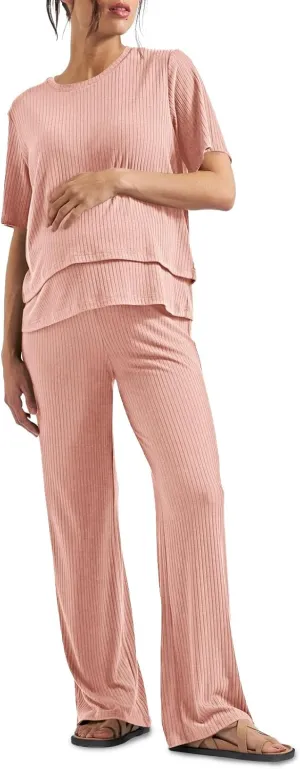 Tankaneo Womens Postpartum Maternity Pajamas 2 Piece Sets Rib Short Sleeve Nursing Tops and Elastic Waist Pants Loungewear