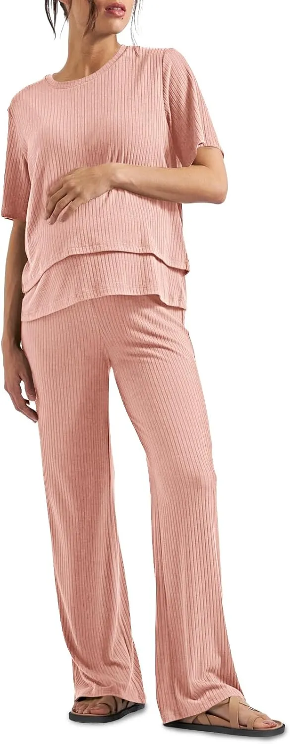 Tankaneo Womens Postpartum Maternity Pajamas 2 Piece Sets Rib Short Sleeve Nursing Tops and Elastic Waist Pants Loungewear
