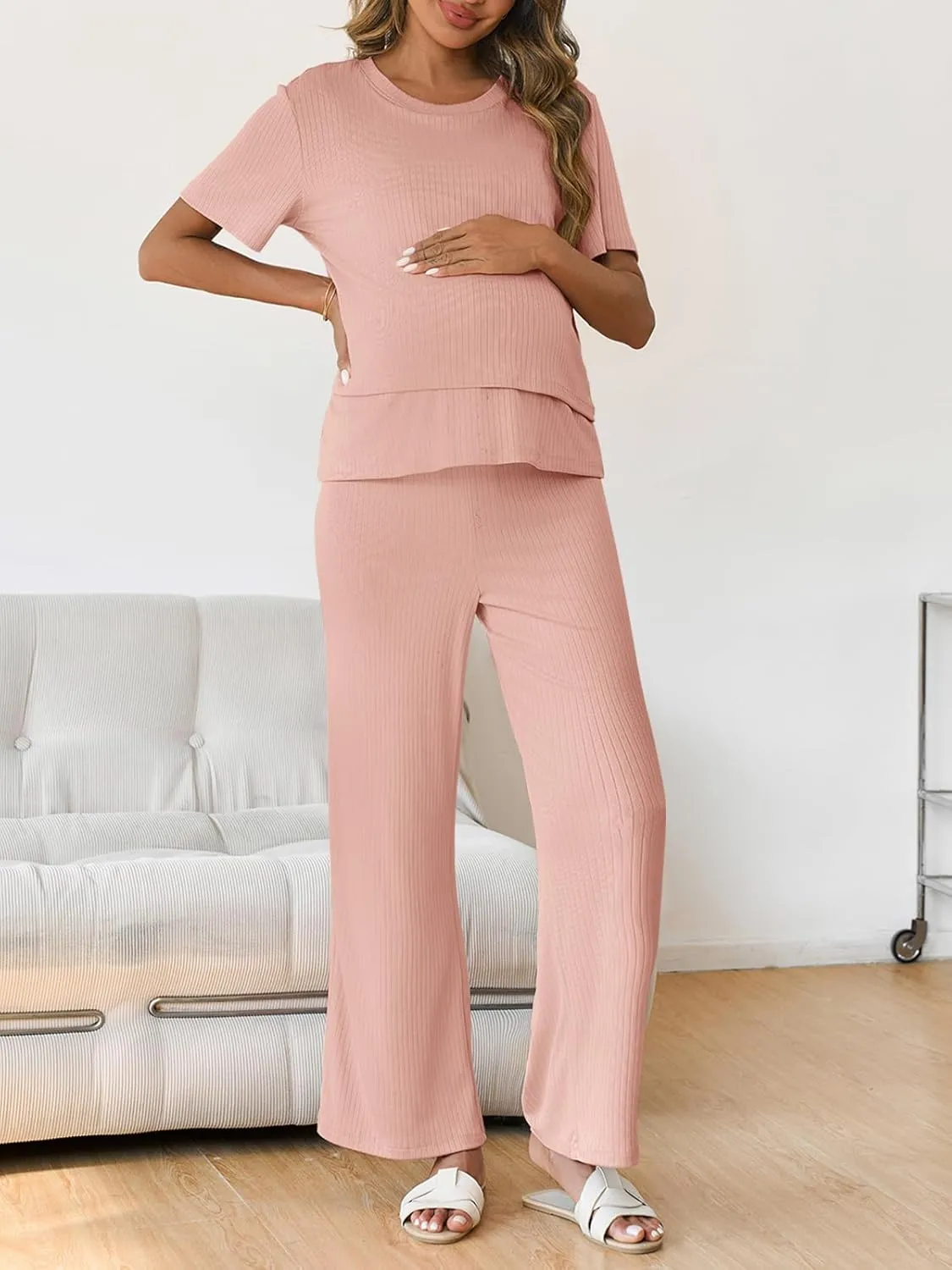 Tankaneo Womens Postpartum Maternity Pajamas 2 Piece Sets Rib Short Sleeve Nursing Tops and Elastic Waist Pants Loungewear