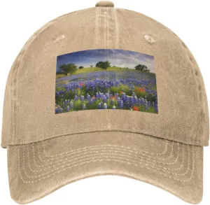 Texas Bluebonnets Scenery Unisex Baseball Cap Breathable Cotton Trucker Hat Classic Denim Dad Hat Summer Sun Hat