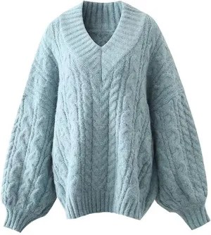 V Neck Cable Knit Sweaters for Women Girls Casual Loose Long Sleeve Pullover Soft Knit Tops
