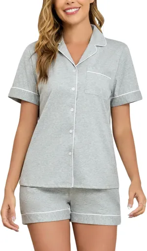 Veseacky 100% Cotton Pajamas for Women Set Short Sleeve Button Down Sleepwear Soft 2 Piece Summer Pjs Lounge Sets S-XXL