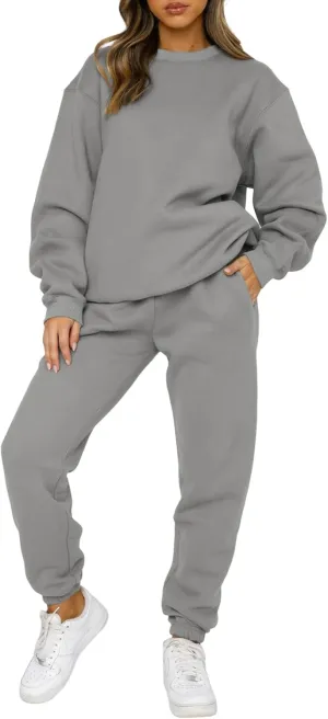 Viatabuna Women's 2 Piece Fleece Sweatsuit Outfit Long Sleeve Crewneck Pullover Sweatshirt Drawstring Jogger Pants Lounge Set