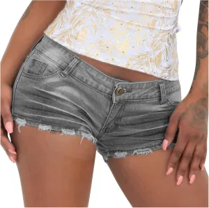 White Denim Shorts for Women Fashionable Low Rise Stretch Mom Jeans Shorts Plain Color Fray Hem Hot Shorts