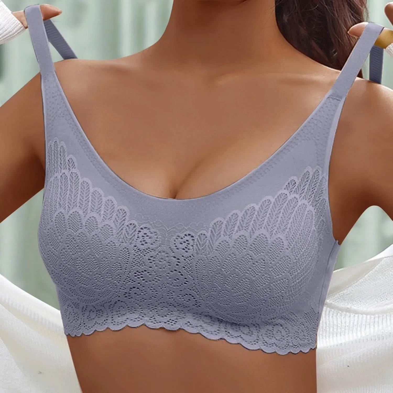 Wireless Bras for Womens Comfortable V Lace Bra Full Coverage Padded Seamless Bralettes Soft Support Everyday