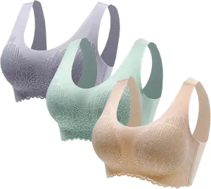 Wireless Bras for Womens Comfortable V Lace Bra Full Coverage Padded Seamless Bralettes Soft Support Everyday