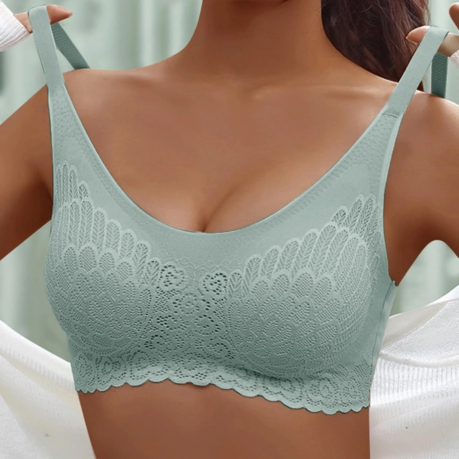 Wireless Bras for Womens Comfortable V Lace Bra Full Coverage Padded Seamless Bralettes Soft Support Everyday