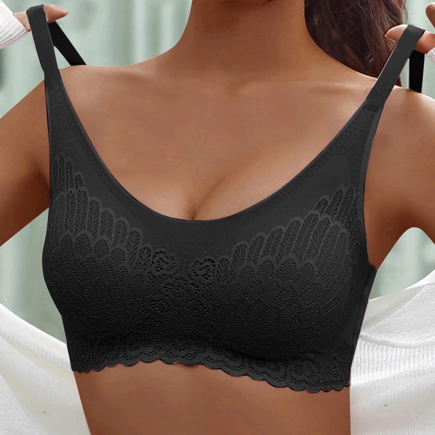 Wireless Bras for Womens Comfortable V Lace Bra Full Coverage Padded Seamless Bralettes Soft Support Everyday