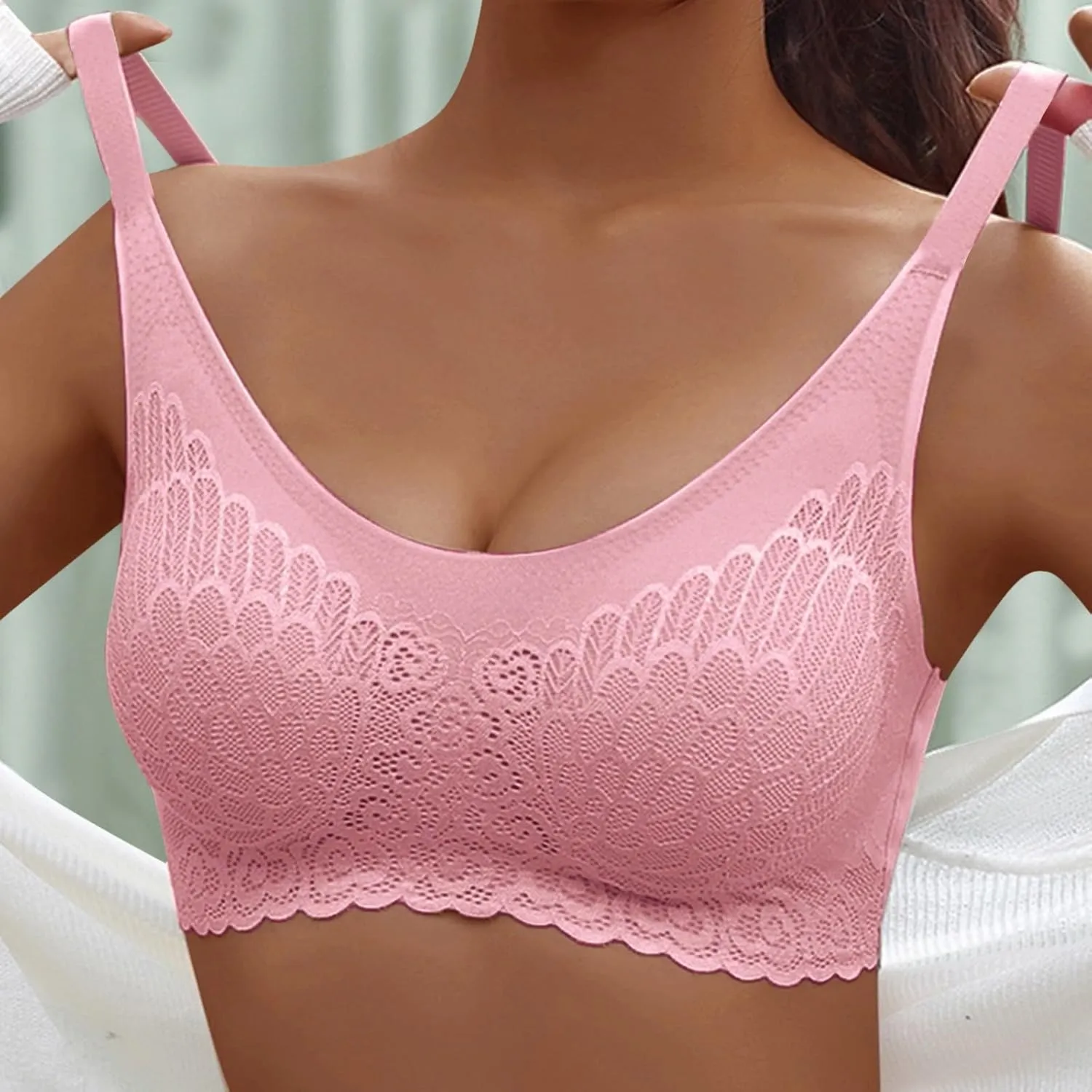 Wireless Bras for Womens Comfortable V Lace Bra Full Coverage Padded Seamless Bralettes Soft Support Everyday
